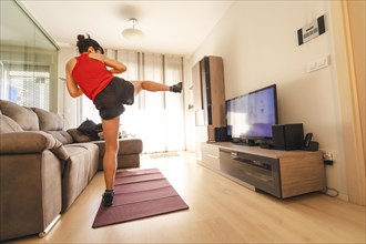 A young woman doing sports in her living room. Sport in the quarantine at home