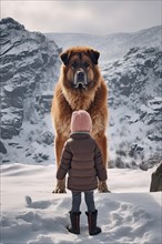 Three years old little girl wearing winter coat standing near a huge Serra da Estrela dog on a snowy mountain top with the dog looking down at the girl