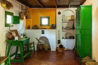Interior of an old hut and its kitchen in the Donana Natural Park