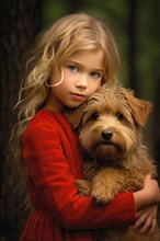 Pretty eight years old girl with long blond hair and red dress holding a Labradoodle in her arms