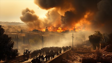 Soldiers scramble amidst explosions in a war torn middle eastern city. generative AI