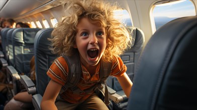 Irate child causing mayhem on an airplane bothering everyone on board. generative AI