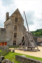 Original catapult in the medieval castle of Fougeres. Brittany region