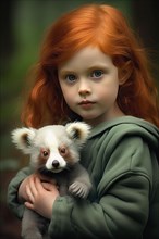 Pretty eight years old girl with red hair and green dress holding a panda pet in her arms