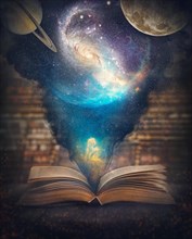 The world and universe inside a book surreal background. Educational and science concept with a magical open textbook casting a cosmic scene with galaxies