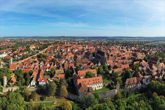 Aerial view of Rothenburg ob der Tauber with a view of the historic old town. Rothenburg ob der Tauber