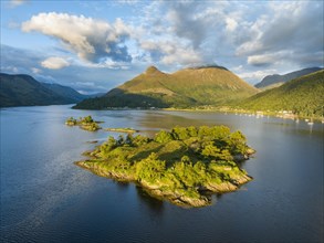 Aerial view of the western part of Loch Leven with the historic island of Eilean Munde