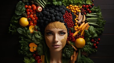Headshot portrait of healthy woman surrounded by and partially made of fruits and vegetables