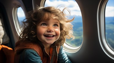 Young girl child enjoying an airplane flight. generative AI