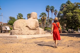 A young tourist in a red dress visiting the beautiful Sphinx of Memphis in Cairo