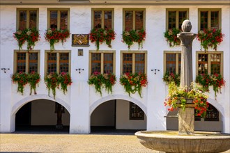 Medieval Town Hall and Fountain Statue in City Square in Old Town of Thun in a Sunny Day in Bernese Oberland