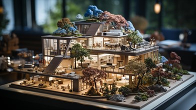 Small scale model of a large house design on the table in A real estate office. generative AI