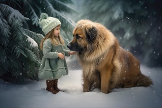 Three years old little girl wearing winter coat standing near a huge Leonberger dog in a snowy forest environment