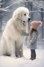 Three years old little girl wearing winter coat petting a huge Great white Pyrenees Mountain dog in a snowy forest environment with the dog looking down at the girl