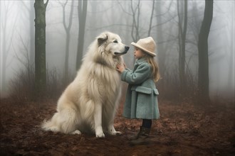 Pretty three years old girl with a green dress and a hat petting a huge American Eskimo dog sitting in an autumnal foggy forest