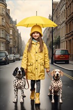 Eight years old girl wearing a yellow raincoat and hat walking in a street side by side with two Dalmatian dogs
