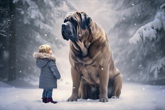 Three years old little girl wearing winter coat standing near a huge English Mastiff in a snowy forest environment with the dog looking down at the girl