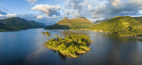 Aerial panorama of the western part of Loch Leven with the historic island of Eilean Munde