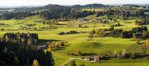 Landscape panorama around Maierhoefen in the Allgaeu in autumn with meadows