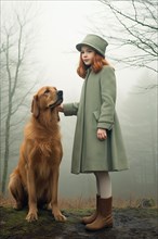 Pretty eight years old girl with a green dress and hat standing near a Golden retriever sitting in an autumnal foggy forest