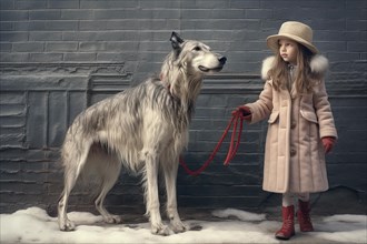 Three years old girl wearing winter clothes leading on a leash a huge Russian Wolfhound in an urban environment