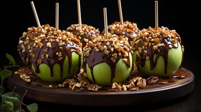 Delicious candy apples with chocolate and walnuts. generative AI
