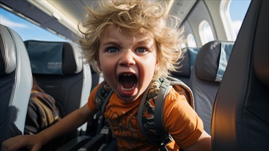 Irate child causing mayhem on an airplane bothering everyone on board. generative AI