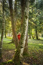 A woman stands in a park landscape or forest landscape and looks between tree trunks