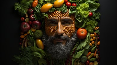 Healthy man with beard surrounded by and partially made of fruits and vegetables