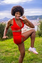 Fitness with a young black girl with afro hair