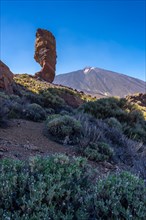 Roque Cinchado and in the background the Teide volcano in the natural area of Teide in Tenerife