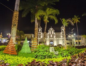 The beautiful church at night from Copan Ruinas from the square. Honduras