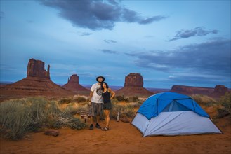 A couple in Blue tent at The View Campground campsite in Monument Valley itself
