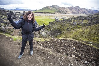 A young woman about to finish the 54 km trek from Landmannalaugar