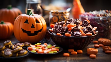 Halloween pumpkins and bowls of candy treats on A table. generative AI