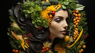 Headshot portrait of healthy woman surrounded by and partially made of fruits and vegetables
