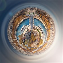 Aerial Paris as a micro planet in space. Sightseeing city panorama in shape o a globe with view to Seine river