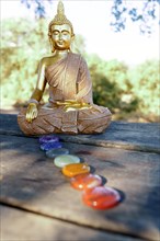 Statue of buddha in the field on a sunlit wooden table with chakra stones in a row