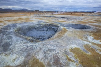 Beautiful landscape in the park of Myvatn with pools of water and boiling sulfur. Iceland