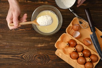 Adding all purpose flour to eggs mixed with milk? top view