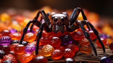 Scary toy spider and halloween candy treats on a table. generative AI