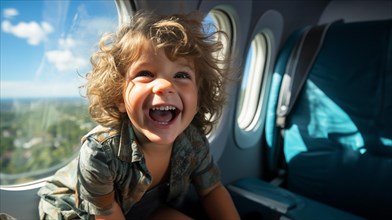 Young boy child enjoying an airplane flight. generative AI