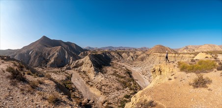 Panoramic in the curve of the path of the desert canyon of Tabernas