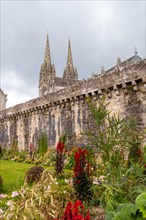 Walls of the medieval village of Quimper and the cathedral of Saint Corentin