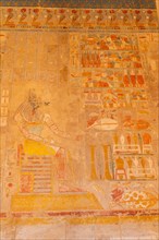 Egyptian drawings in the Mortuary Temple of Hatshepsut in Luxor. Egypt