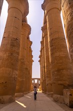 Beautiful interior with its columns in one of the most beautiful temples in Egypt. A young woman at Luxor Temple