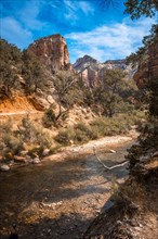 The trekking mountain of Angels Landing Trail in Zion National Park seen from the river