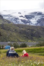 A family in Thorsmoerk leaving the 4-day trek from Landmannalaugar. Iceland