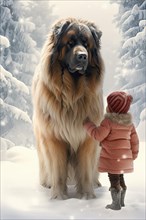 Three years old little girl wearing winter coat petting a huge Leonberger in a snowy forest environment with the dog looking down at the girl