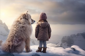 Three years old little girl wearing winter coat standing near a huge Serra da Estrela dog on a snowy mountain top